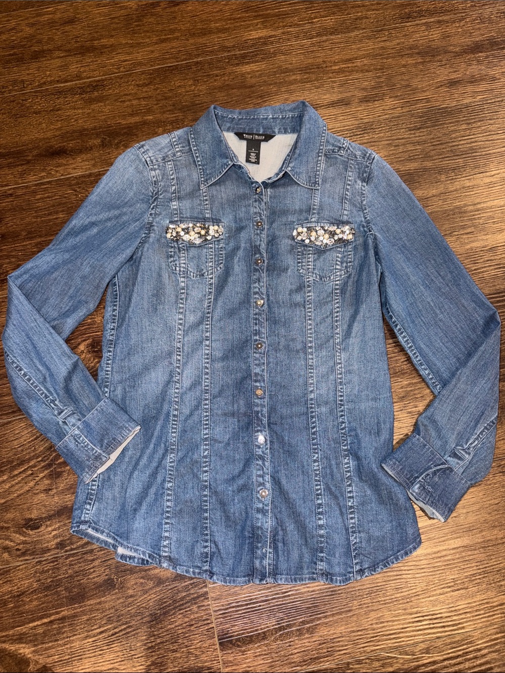 White House Black Market Denim Button-Down Shirt with Crystal Pocket Accents